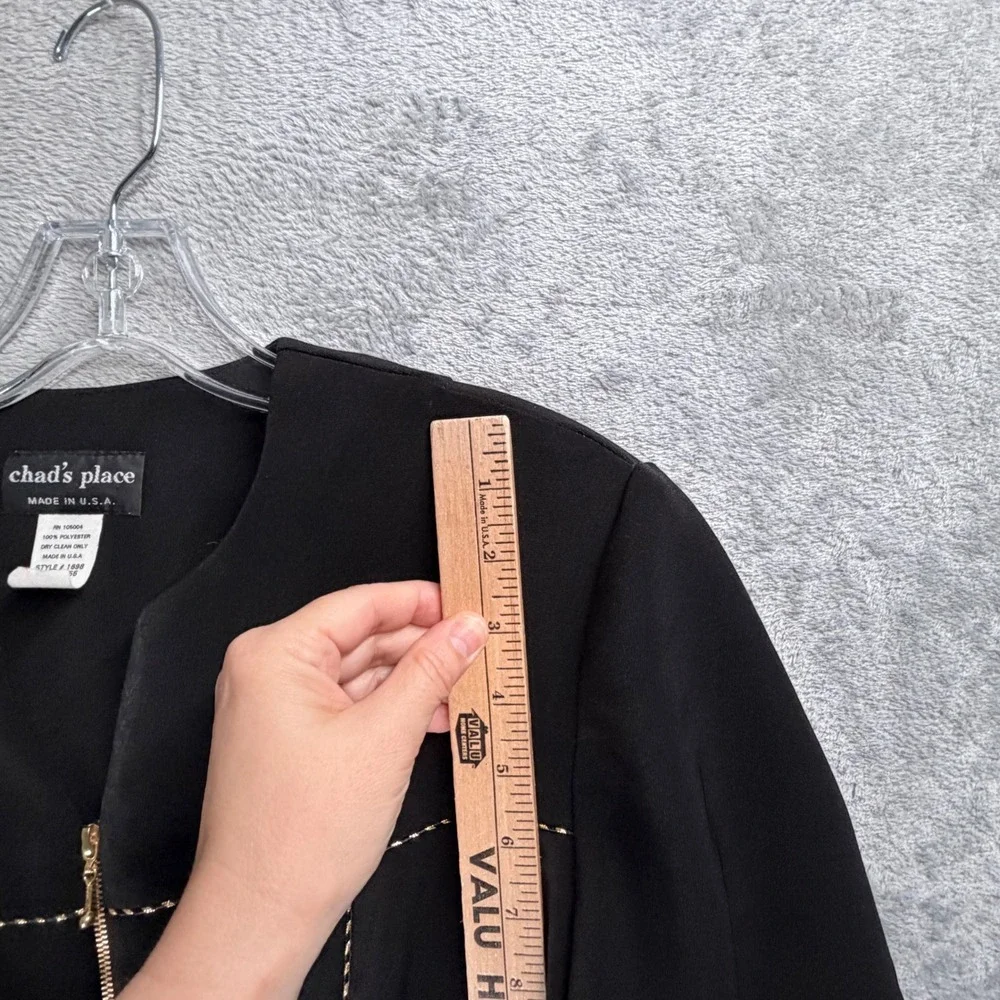 Vintage Chads Place Blazer Womens 8 Black Gold Stitch Zip Front Jacket Career